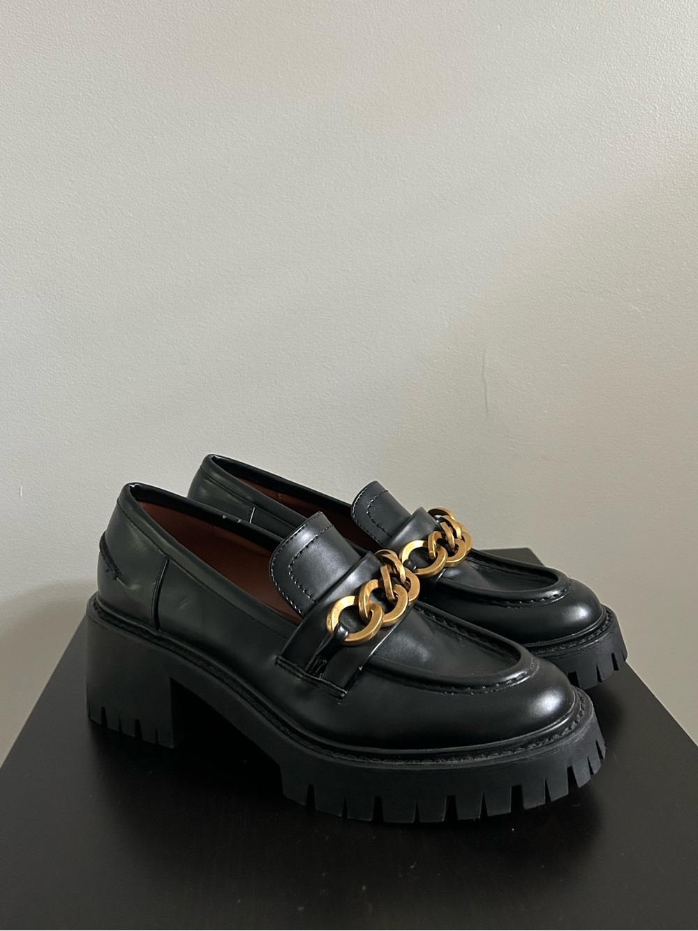 ZARA Lug Sole Chunky Platform Loafers with Gold Chain Accent, Size 39.